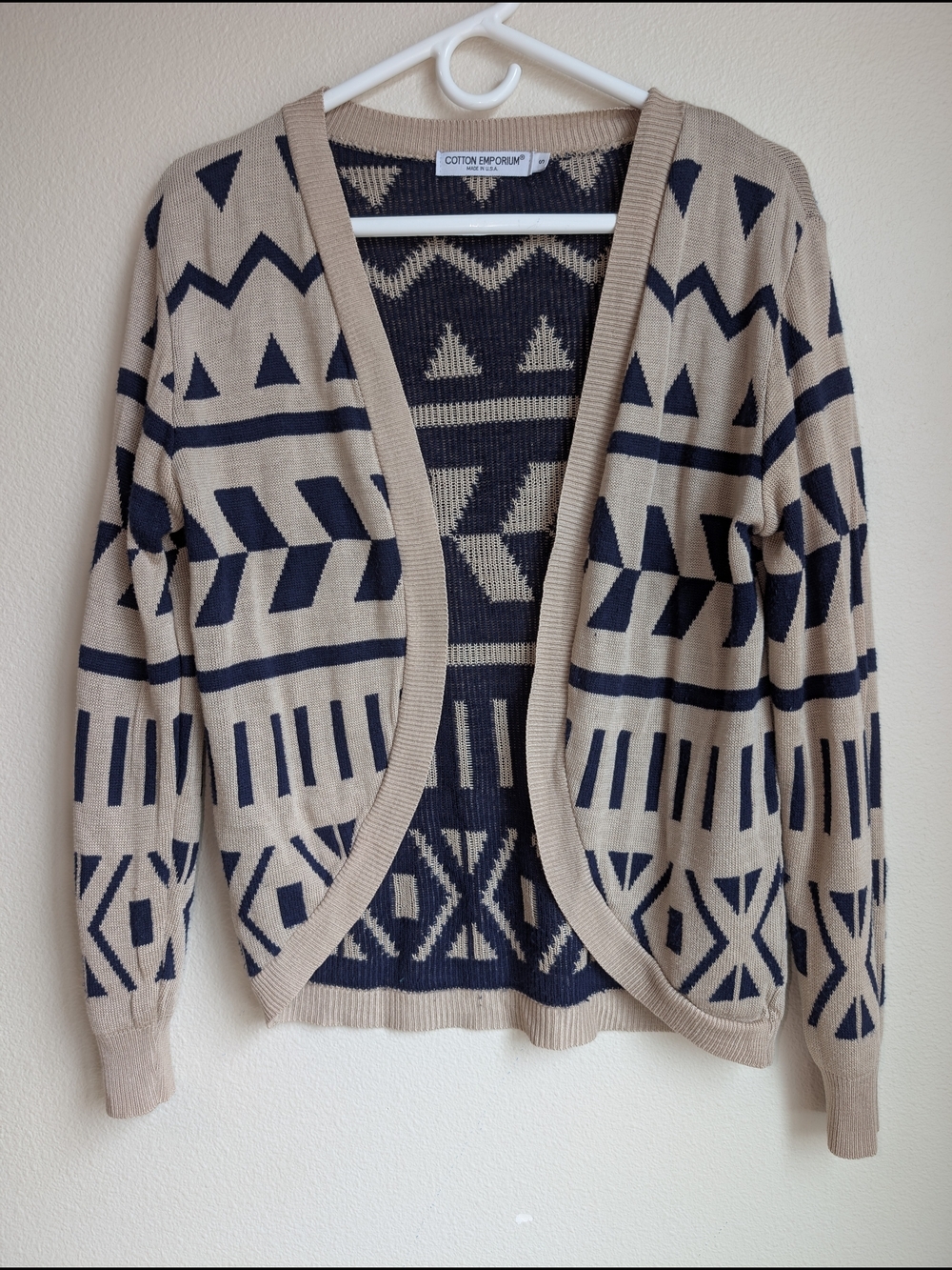 Cotton Emporium Beige and Navy Open-Knit Sweater Women's Size Small